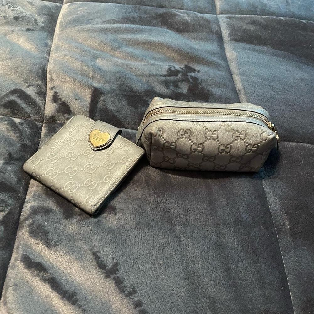 Gucci wallet and cosmetic bag.Silver